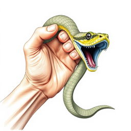 A hand-drawn illustration in a coloring pencil style depicting a bare hand catching a snake by its tail using the thumb and index finger