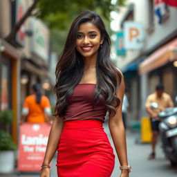 A stunning Indian woman aged 30, confidently wearing a vibrant red mini-skirt that accentuates her stylish look