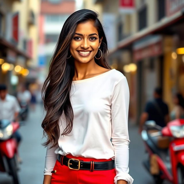 A stunning Indian woman aged 30, confidently wearing a vibrant red mini-skirt that accentuates her stylish look