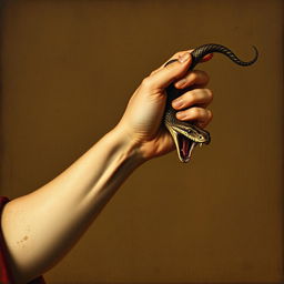 An old Renaissance-style painting depicting a bare hand catching a snake by its tail