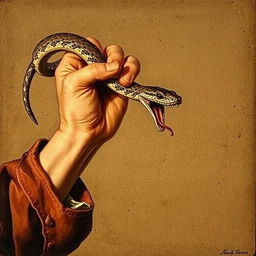 An old Renaissance-style painting depicting a bare hand catching a snake by its tail