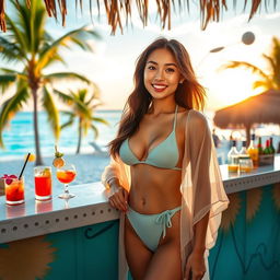 A stunning Asian woman standing at a beach bar, wearing a stylish swimsuit and a light, airy cover-up