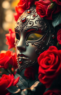 A mysterious and elegant scene featuring a beautifully detailed mask adorned with intricate designs, surrounded by vibrant, red roses