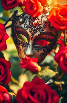 A mysterious and elegant scene featuring a beautifully detailed mask adorned with intricate designs, surrounded by vibrant, red roses