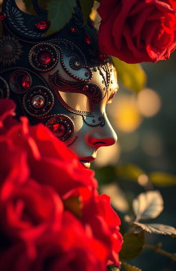 A mysterious and elegant scene featuring a beautifully detailed mask adorned with intricate designs, surrounded by vibrant, red roses