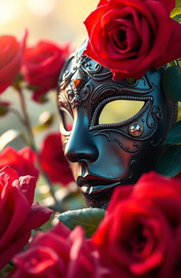 A mysterious and elegant scene featuring a beautifully detailed mask adorned with intricate designs, surrounded by vibrant, red roses