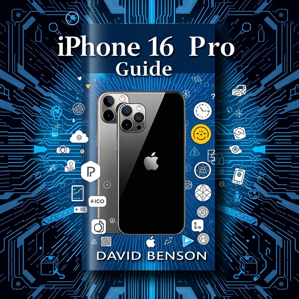 A highly detailed and visually striking cover design for 'iPhone 16 Pro Guide' by David Benson