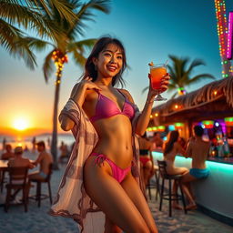 A captivating Korean woman model at a beach bar, dressed in a trendy swimsuit with a stylish beach cover-up