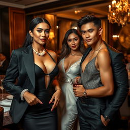 A wealthy Indonesian woman with a slim body and voluptuous chest, elegantly dressed in high fashion, exuding confidence and sophistication