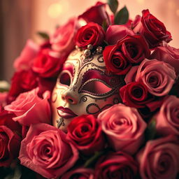 An artistic composition featuring a beautifully crafted mask surrounded by an abundance of roses