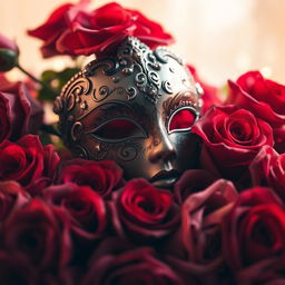 An artistic composition featuring a beautifully crafted mask surrounded by an abundance of roses