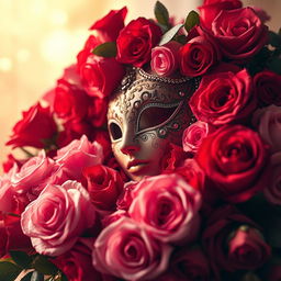 An artistic composition featuring a beautifully crafted mask surrounded by an abundance of roses