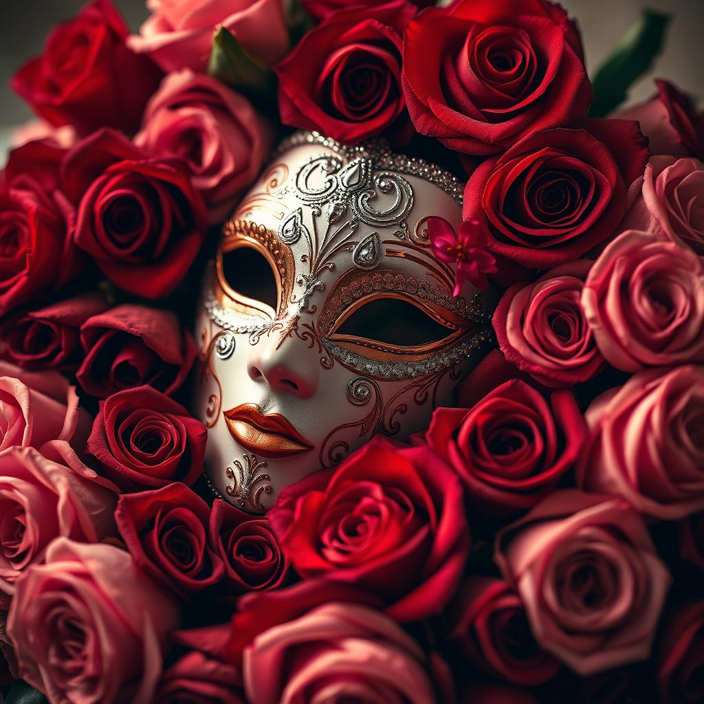 An artistic composition featuring a beautifully crafted mask surrounded by an abundance of roses