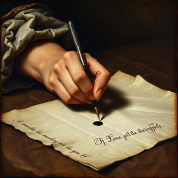 An old Renaissance-style painting featuring a bare hand engaged in the act of writing with a feather pen