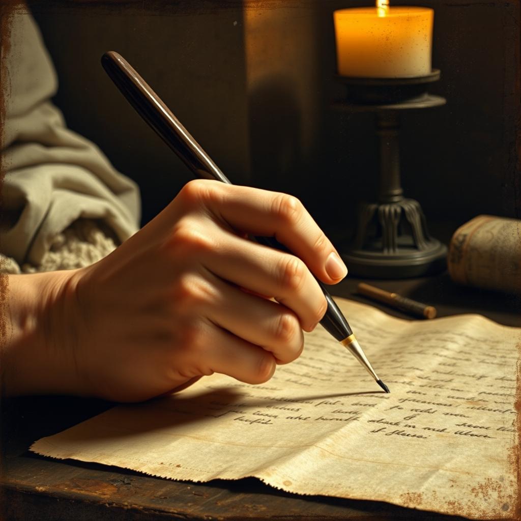 An old Renaissance-style painting featuring a bare hand engaged in the act of writing with a feather pen