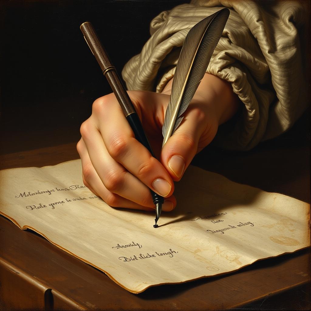 An old Renaissance-style painting featuring a bare hand engaged in the act of writing with a feather pen