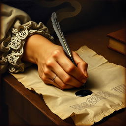 An old Renaissance-style painting featuring a bare hand engaged in the act of writing with a feather pen