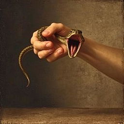 An old Renaissance-style painting illustrating a bare hand catching a snake by its tail