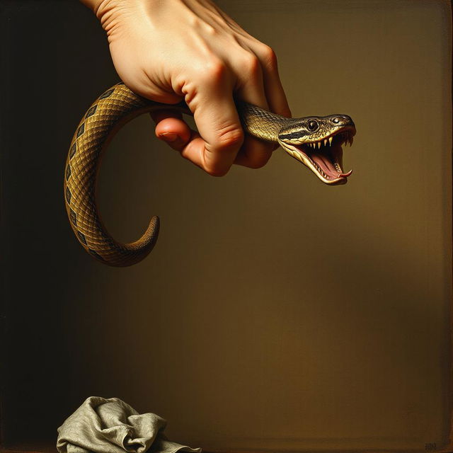 An old Renaissance-style painting illustrating a bare hand catching a snake by its tail