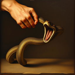 An old Renaissance-style painting illustrating a bare hand catching a snake by its tail