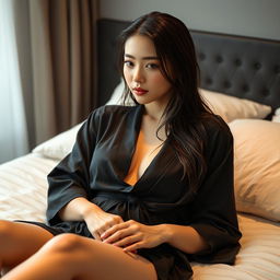 A beautiful Korean sexy model lounging on a bed at home, wearing a sleek black tight robe that accentuates her curves