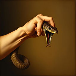 An old Renaissance-style painting illustrating a bare hand catching a snake by its tail