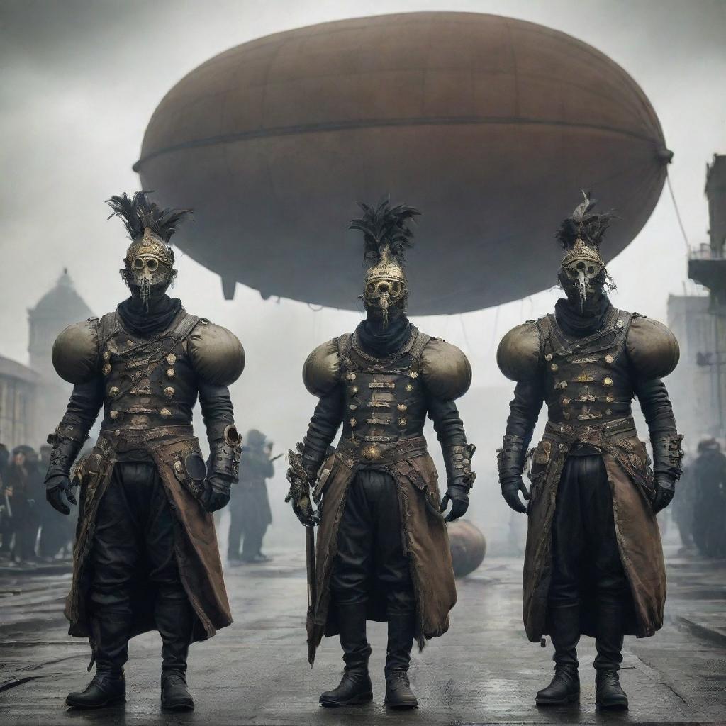 Gaspunk villains adorned in inflated, ornate costumes, heavily influenced by airship technology. Their weaponry and devices spew plumes of noxious gas, adding an unsettling ambiance to their dominating presence.