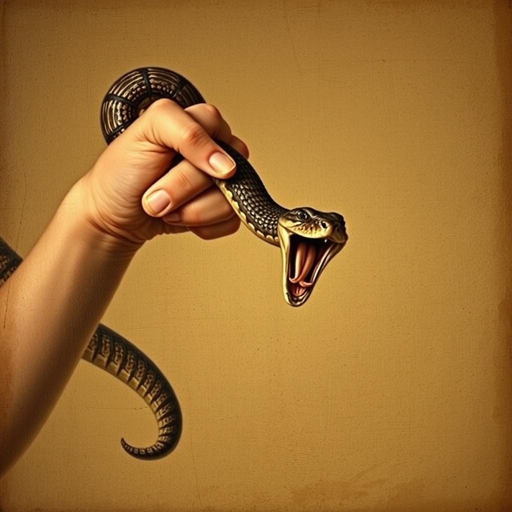 An old Renaissance-style painting illustrating a bare hand catching a snake by its tail