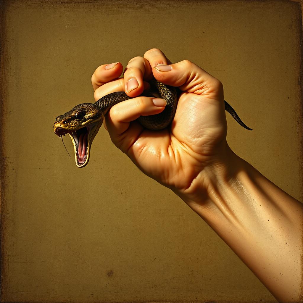 An old Renaissance-style painting illustrating a bare hand catching a snake by its tail