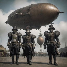 Gaspunk villains adorned in inflated, ornate costumes, heavily influenced by airship technology. Their weaponry and devices spew plumes of noxious gas, adding an unsettling ambiance to their dominating presence.