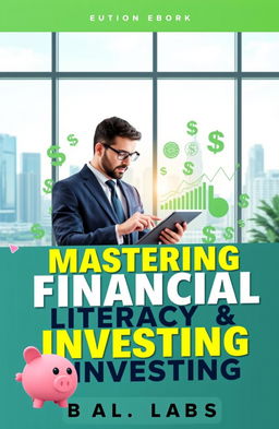 A visually engaging ebook cover for a book on financial literacy and investing, featuring a smartly dressed individual analyzing financial data on a tablet while surrounded by charts, graphs, and dollar signs