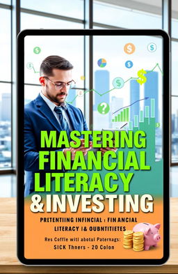 A visually engaging ebook cover for a book on financial literacy and investing, featuring a smartly dressed individual analyzing financial data on a tablet while surrounded by charts, graphs, and dollar signs