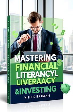 A visually engaging ebook cover for a book on financial literacy and investing, featuring a smartly dressed individual analyzing financial data on a tablet while surrounded by charts, graphs, and dollar signs