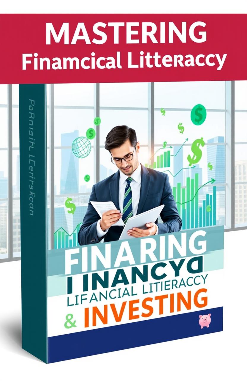 A visually engaging ebook cover for a book on financial literacy and investing, featuring a smartly dressed individual analyzing financial data on a tablet while surrounded by charts, graphs, and dollar signs