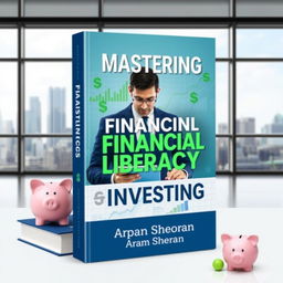 A visually engaging ebook cover for a book on financial literacy and investing, featuring a smartly dressed individual analyzing financial data on a tablet while surrounded by charts, graphs, and dollar signs