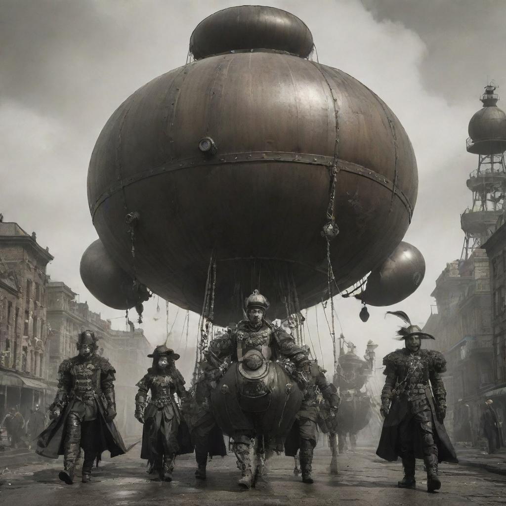 Gaspunk villains adorned in inflated, ornate costumes, heavily influenced by airship technology. Their weaponry and devices spew plumes of noxious gas, adding an unsettling ambiance to their dominating presence.