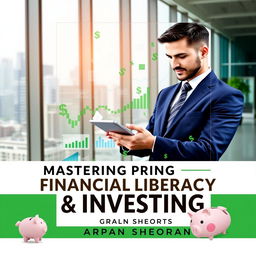 A visually engaging ebook cover for a book on financial literacy and investing, featuring a smartly dressed individual analyzing financial data on a tablet while surrounded by charts, graphs, and dollar signs