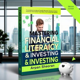 A visually engaging ebook cover for a book on financial literacy and investing, featuring a smartly dressed individual analyzing financial data on a tablet while surrounded by charts, graphs, and dollar signs