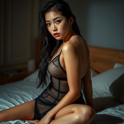 A striking Korean sexy model at home, featuring dimmed lights that create an intimate and seductive atmosphere