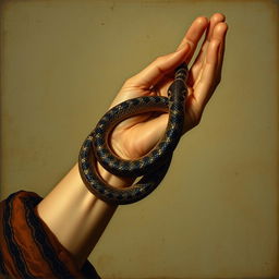 An old Renaissance-style painting depicting a bare hand gently holding a snake