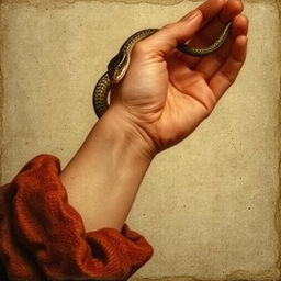 An old Renaissance-style painting depicting a bare hand gently holding a snake