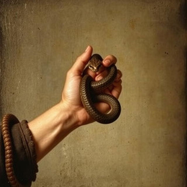 An old Renaissance-style painting depicting a bare hand gently holding a snake