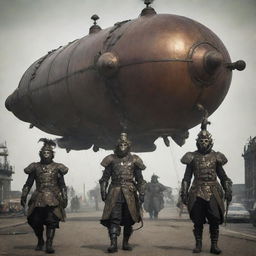 Gaspunk villains adorned in inflated, ornate costumes, heavily influenced by airship technology. Their weaponry and devices spew plumes of noxious gas, adding an unsettling ambiance to their dominating presence.