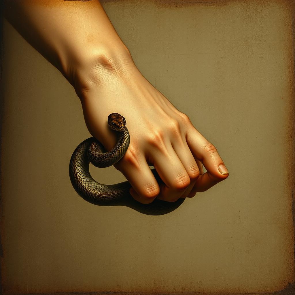 An old Renaissance-style painting depicting a bare hand gently holding a snake