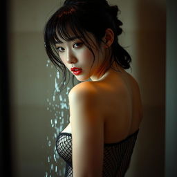 A beautiful Korean model captured at home in the shower, surrounded by soft, dimmed lighting that creates a serene and intimate atmosphere