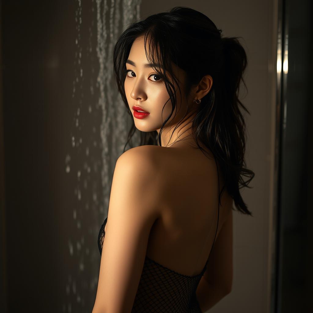 A beautiful Korean model captured at home in the shower, surrounded by soft, dimmed lighting that creates a serene and intimate atmosphere