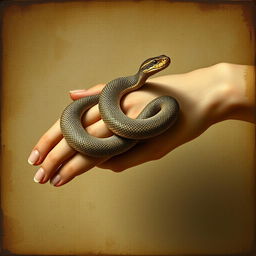 An old Renaissance-style painting featuring a bare hand delicately holding a snake