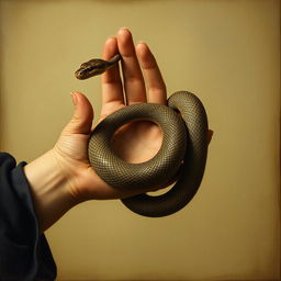 An old Renaissance-style painting featuring a bare hand delicately holding a snake