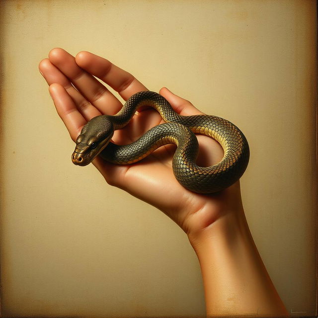 An old Renaissance-style painting featuring a bare hand delicately holding a snake