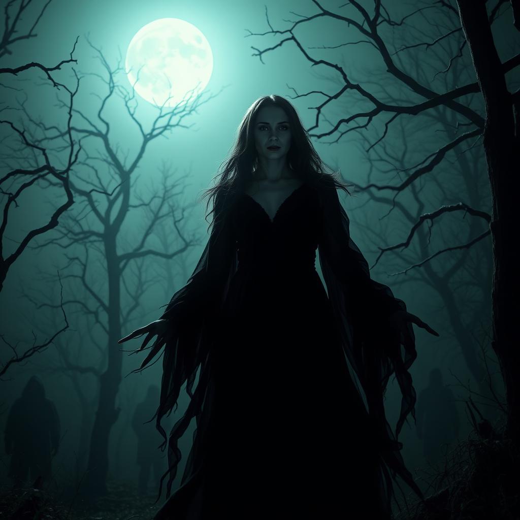 A terrifying scene depicting a mysterious and sinister lady killer in a dark, foggy forest